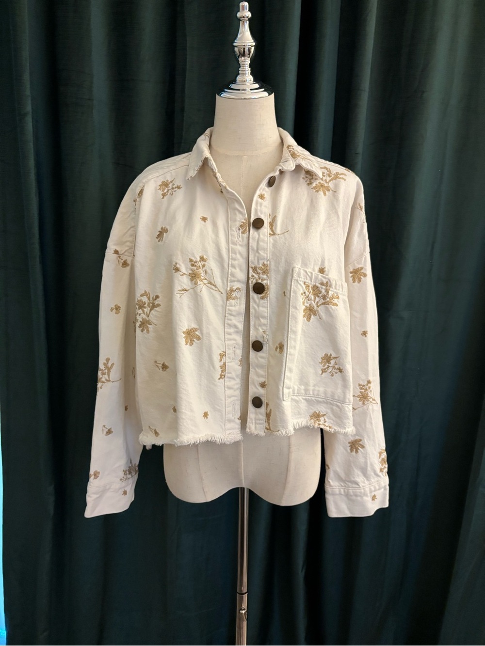 Zara white denim Jacket with Gold Floral Embroidery